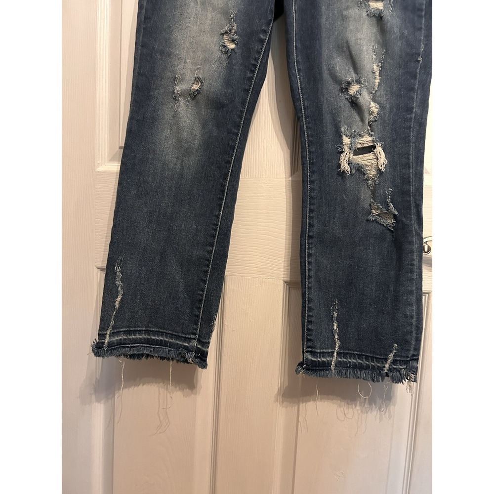 Judy Blue 7/28 Straight Fit Dark Wash Distress Raw Hem Blue Jeans Denim - Picture 3 of 13